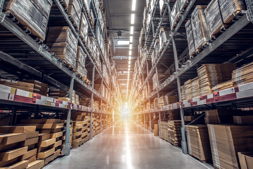 warehouse interior with shelves, pallets and boxes, Rows of shel