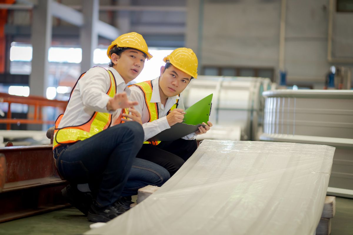 Procurement staff inspecting stainless steel materials inside an industrial facility