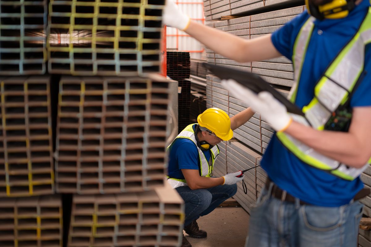 Workers checking stacked stainless steel sections during supplier quality inspection